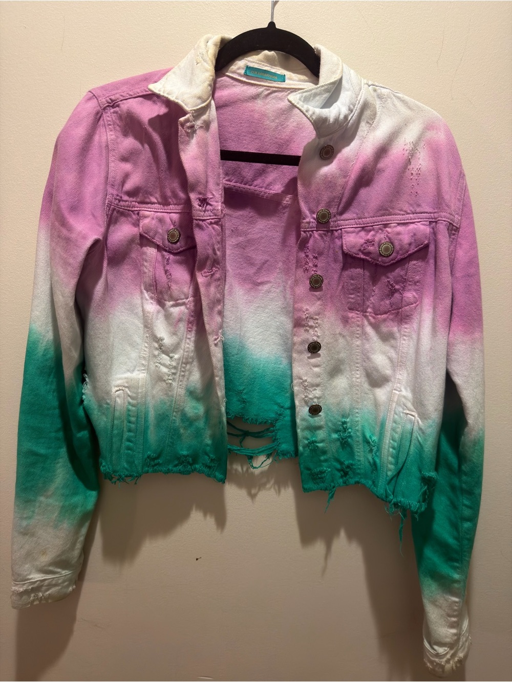 Girls' Ombre Pink & Green Distressed Denim Jacket
